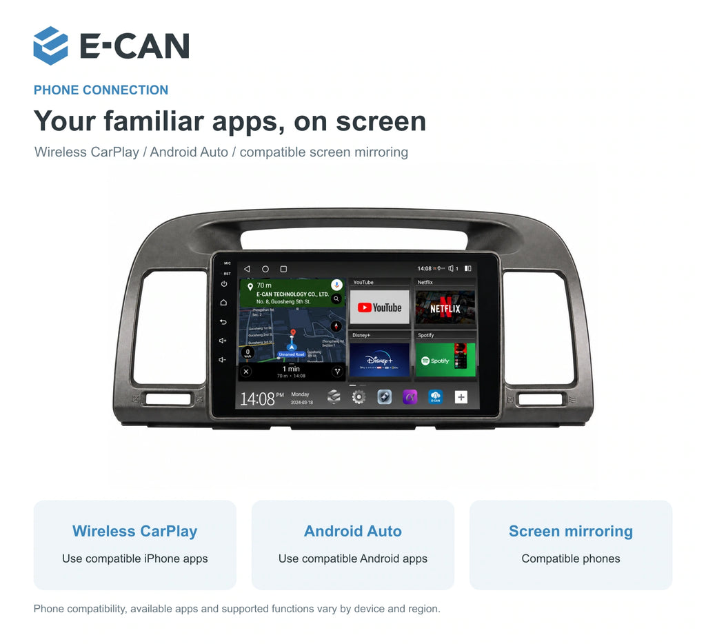 E-CAN Toyota camry 9-inch · 2002–2005 matched fascia feature