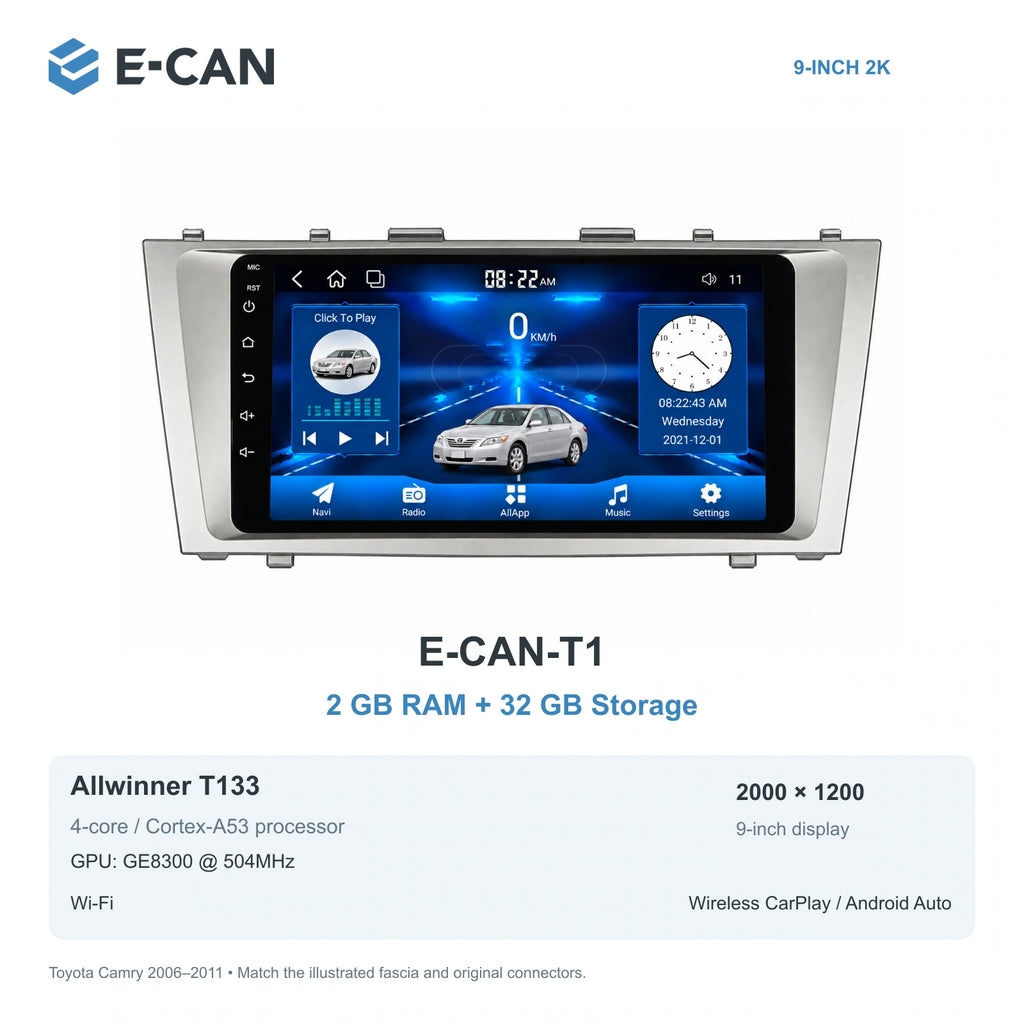 E-CAN Toyota Camry XV40 9-inch compact fascia E-CAN-T1 2GB + 32GB