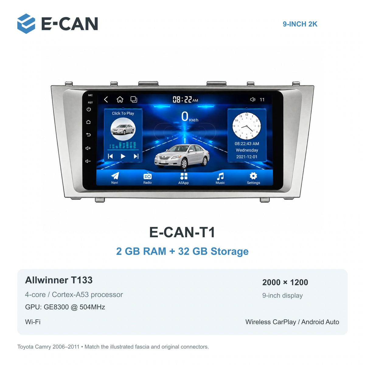 E-CAN Toyota Camry XV40 9-inch compact fascia E-CAN-T1 2GB + 32GB