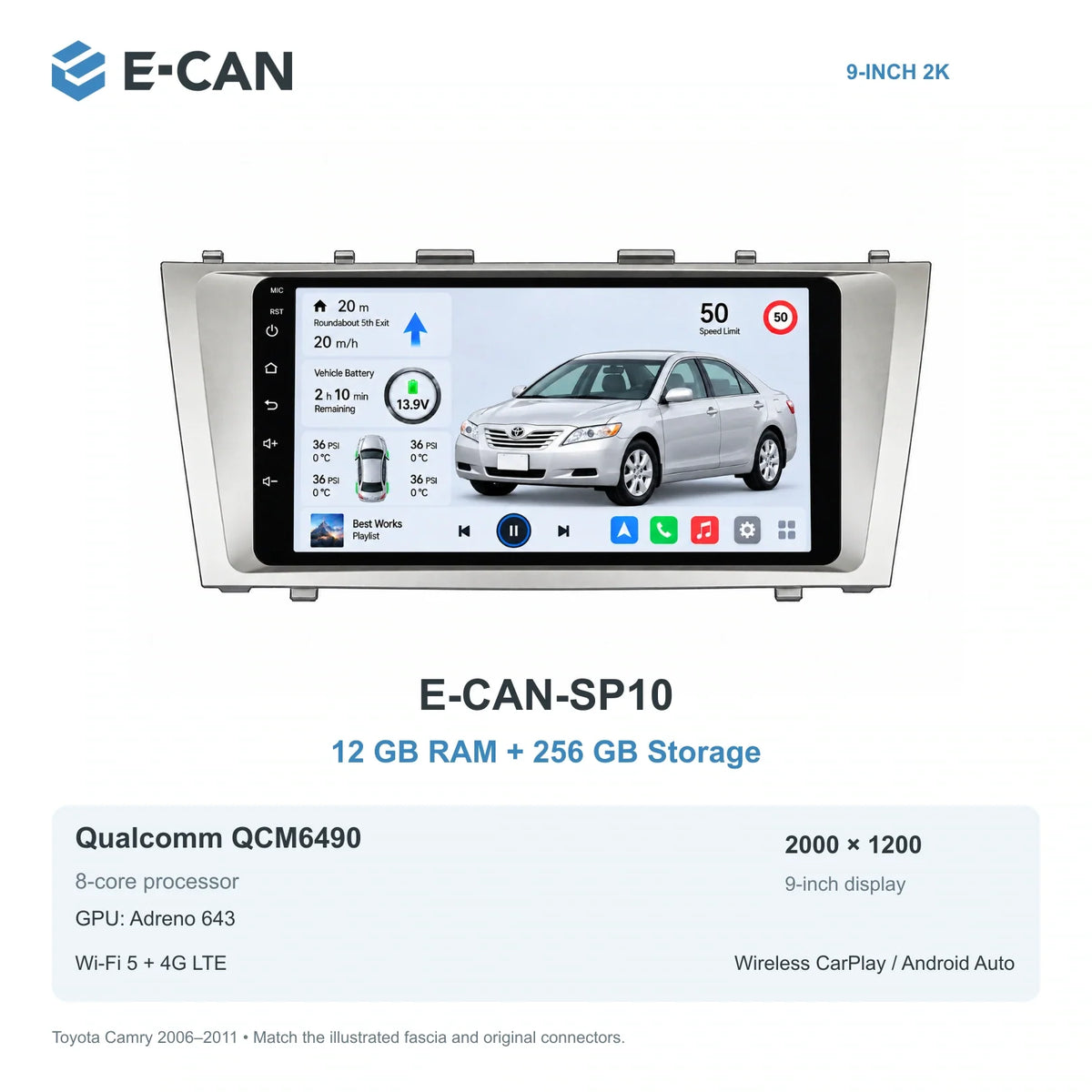 E-CAN Toyota Camry XV40 9-inch compact fascia E-CAN-SP10 12GB + 256GB