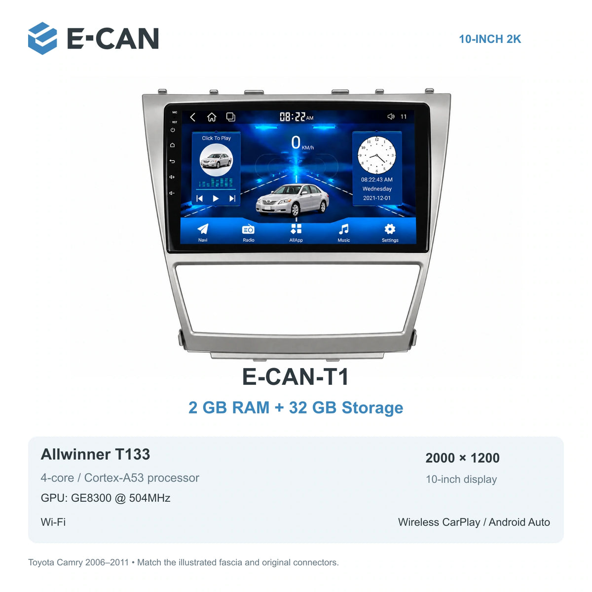 E-CAN Toyota Camry XV40 10-inch climate-opening fascia E-CAN-T1 2GB + 32GB
