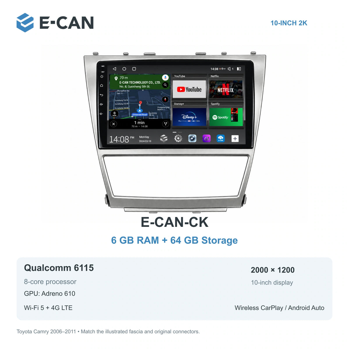 E-CAN Toyota Camry XV40 10-inch climate-opening fascia E-CAN-CK 6GB + 64GB