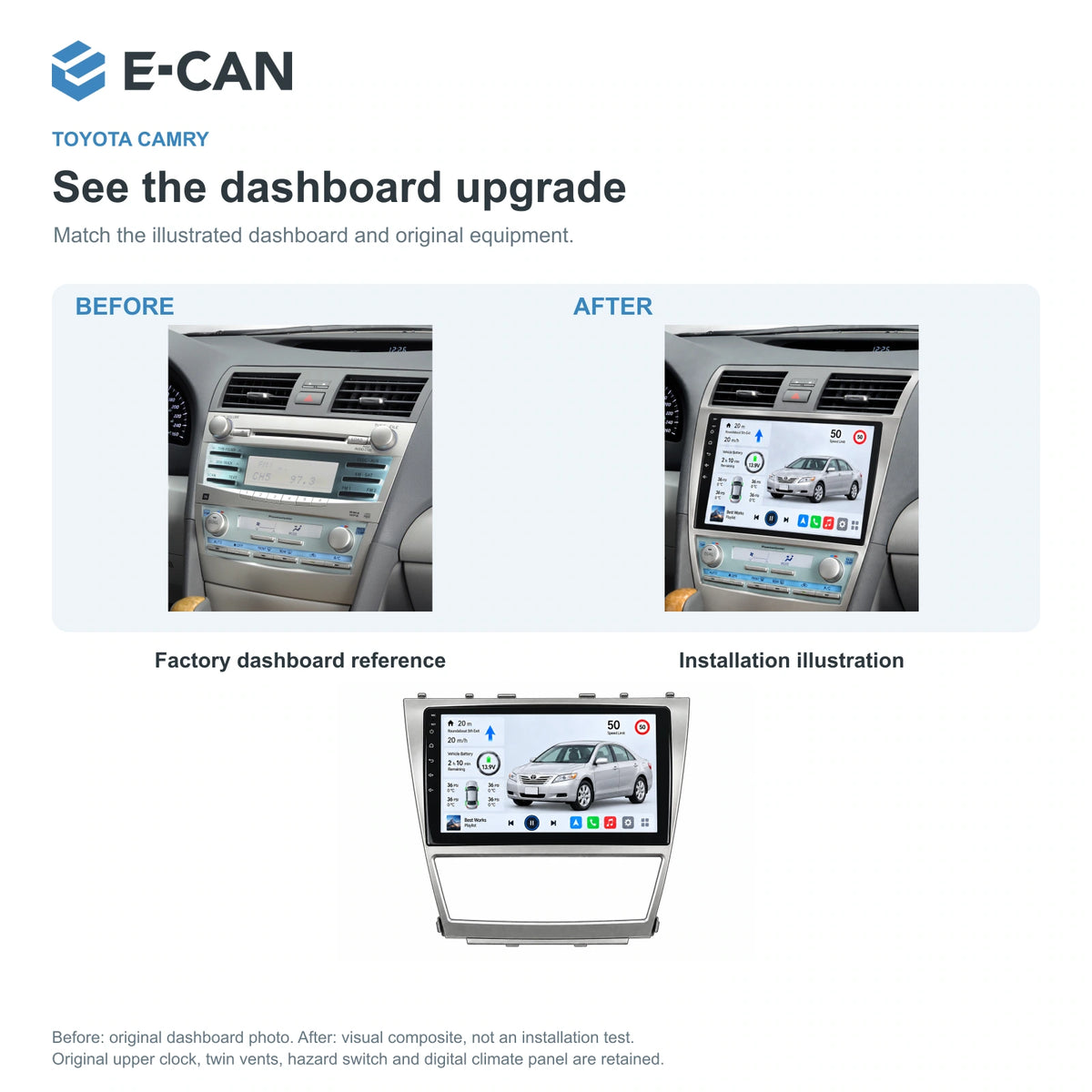 E-CAN Toyota Camry XV40 10-inch climate-opening fascia factory dashboard and installation illustration
