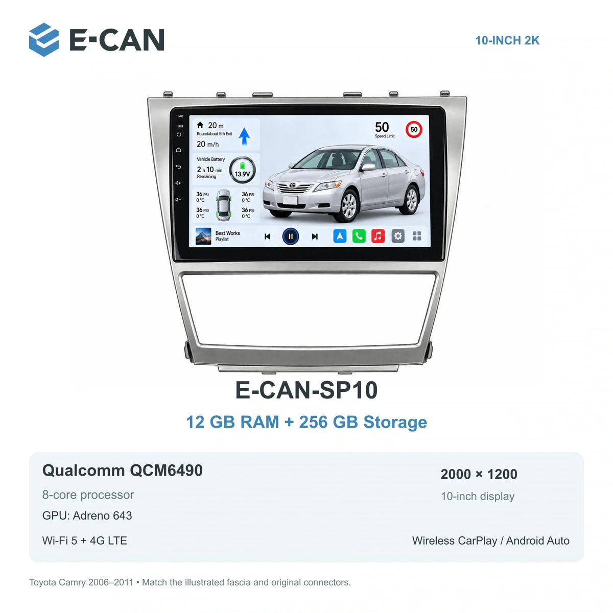 E-CAN Toyota Camry XV40 10-inch climate-opening fascia E-CAN-SP10 12GB + 256GB
