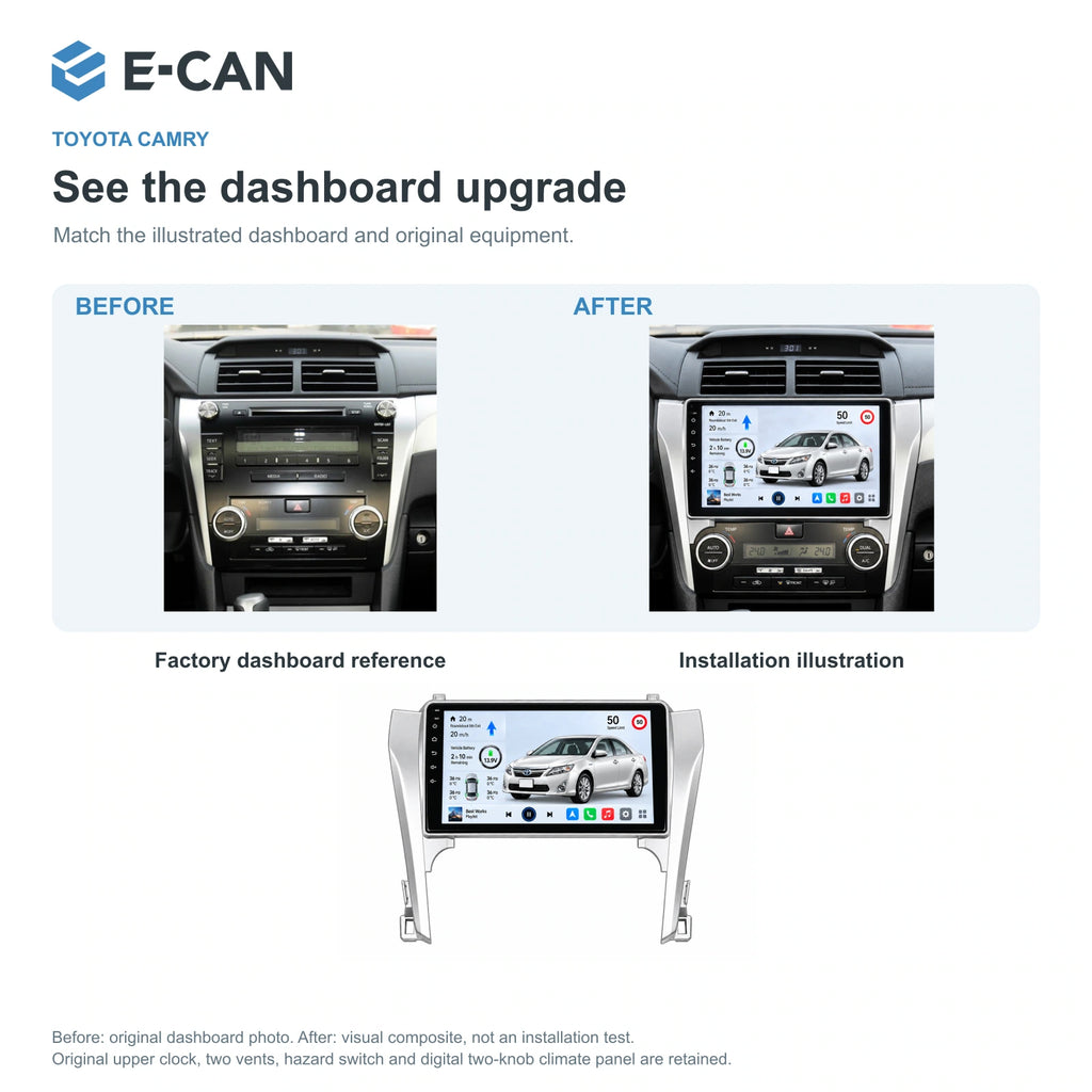 E-CAN Toyota camry Asia · 2012–2014 factory dashboard and installation illustration