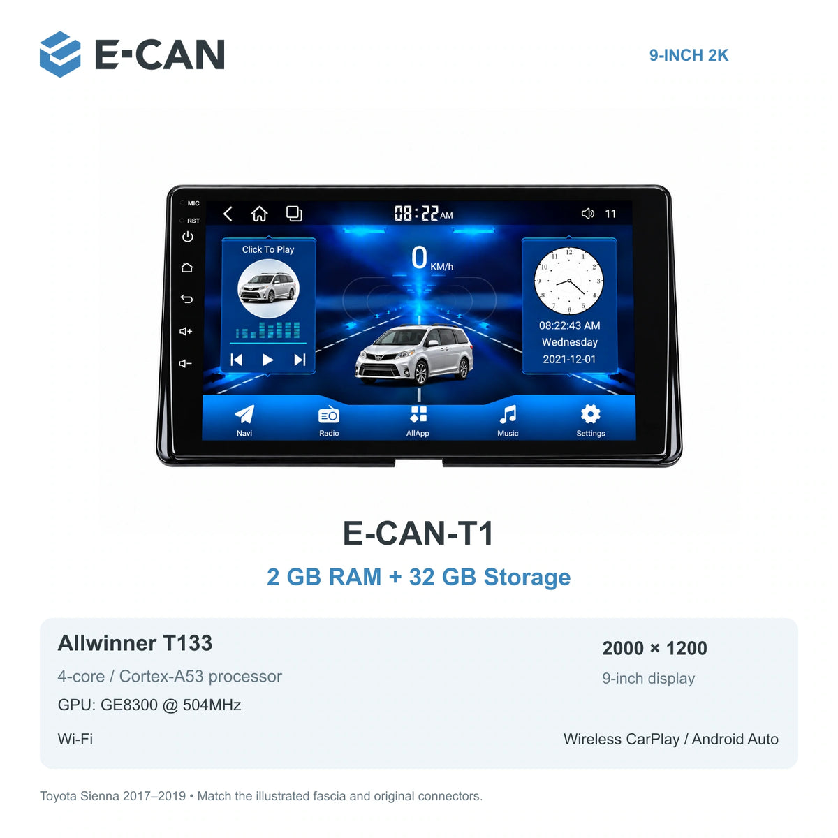 E-CAN Toyota sienna Compact radio fascia · 2017–2019 E-CAN-T1 2GB + 32GB