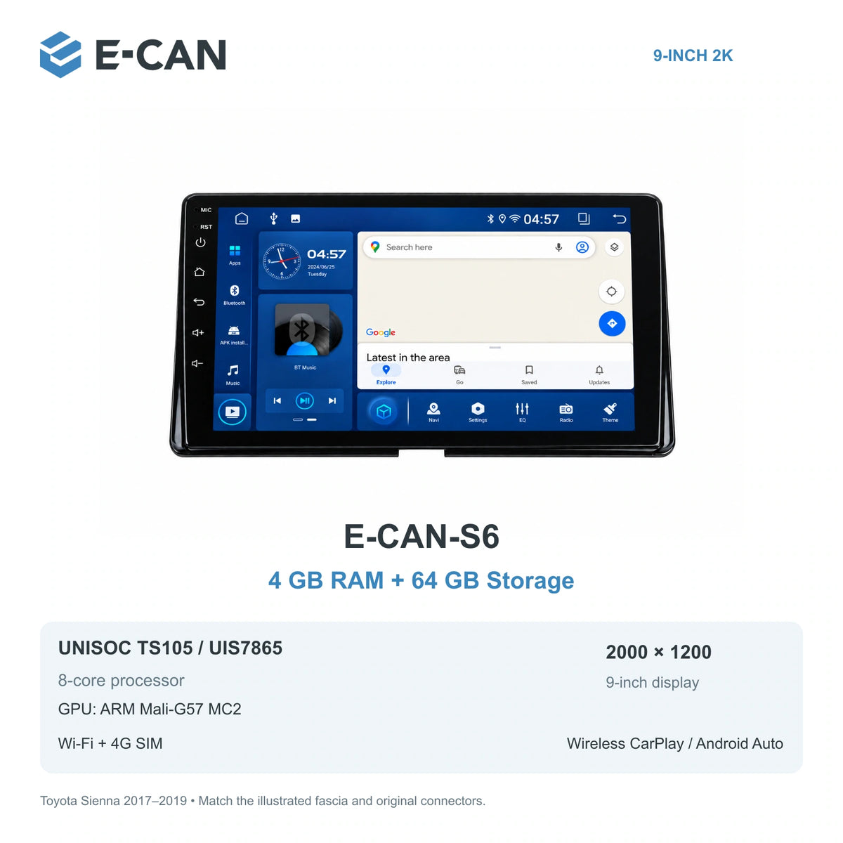 E-CAN Toyota sienna Compact radio fascia · 2017–2019 E-CAN-S6 4GB + 64GB