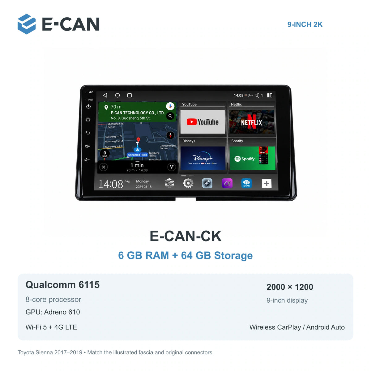 E-CAN Toyota sienna Compact radio fascia · 2017–2019 E-CAN-CK 6GB + 64GB