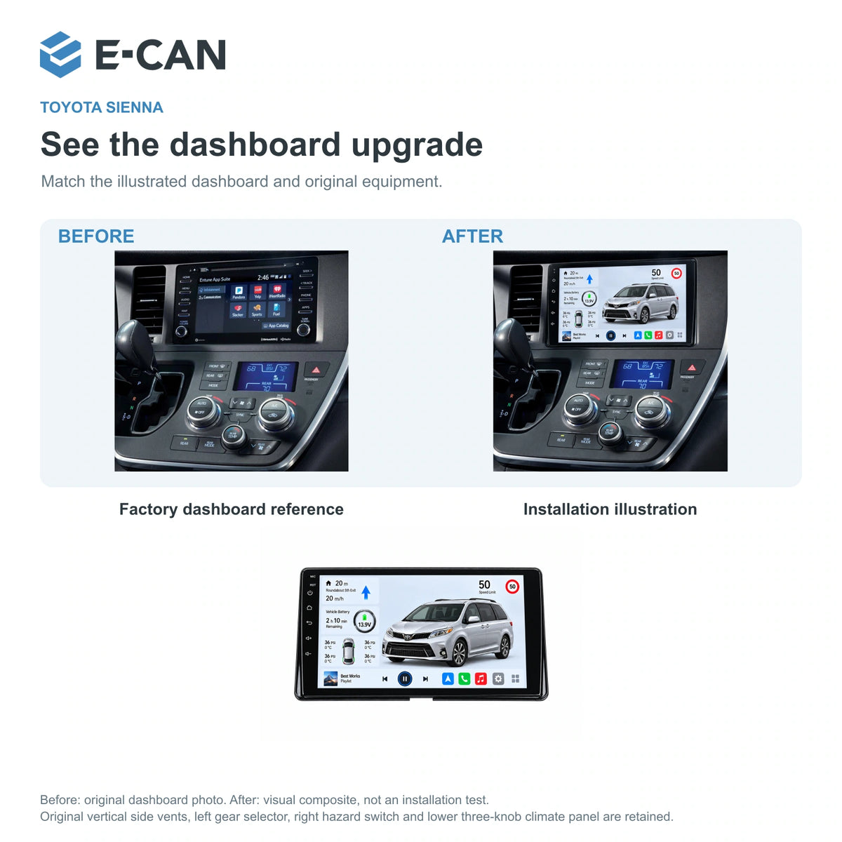 E-CAN Toyota sienna Compact radio fascia · 2017–2019 factory dashboard and installation illustration