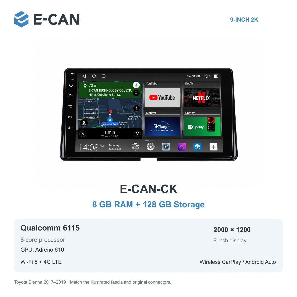 E-CAN Toyota sienna Compact radio fascia · 2017–2019 E-CAN-CK 8GB + 128GB
