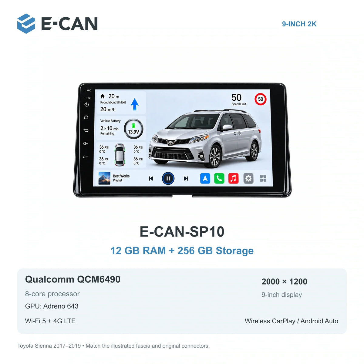 E-CAN Toyota sienna Compact radio fascia · 2017–2019 E-CAN-SP10 12GB + 256GB