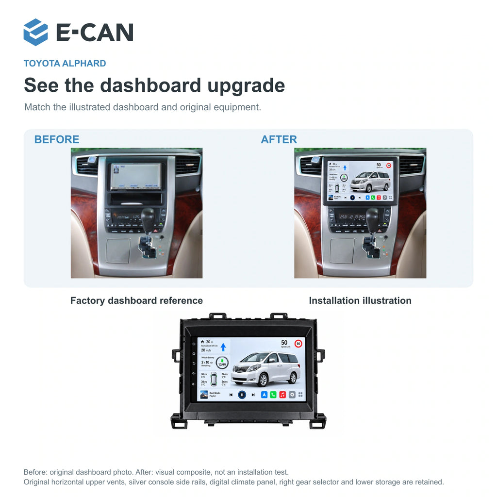 E-CAN Toyota alphard Compact fascia · 2008–2014 factory dashboard and installation illustration