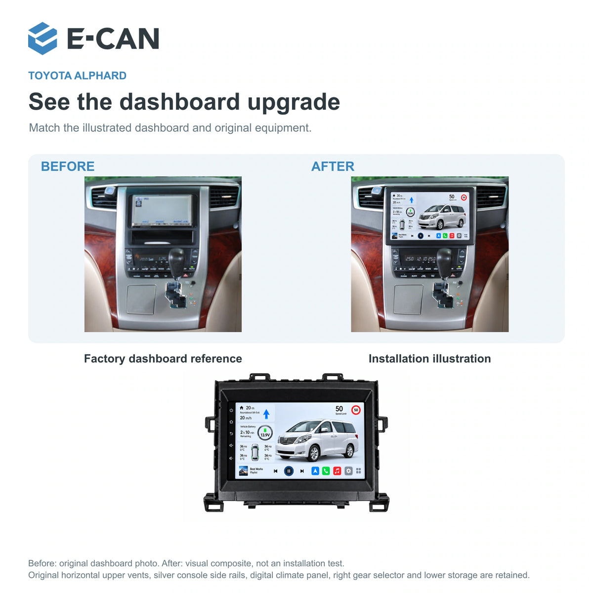 E-CAN Toyota alphard Compact fascia · 2008–2014 factory dashboard and installation illustration