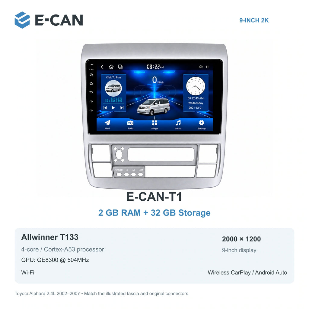 E-CAN Toyota alphard 9-inch · 2002–2007 matched fascia E-CAN-T1 2GB + 32GB