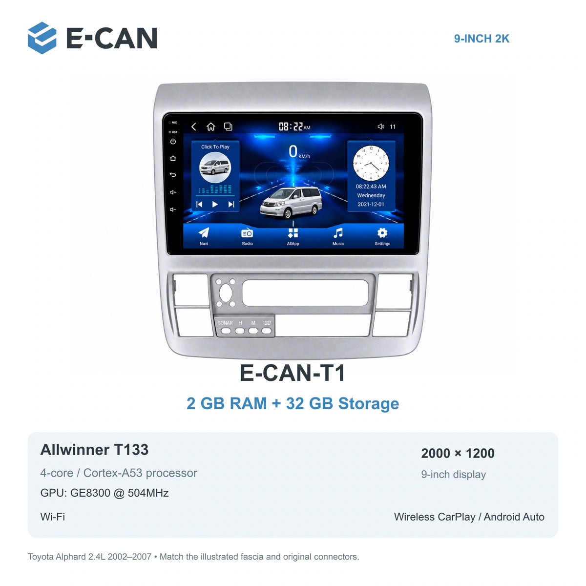 E-CAN Toyota alphard 9-inch · 2002–2007 matched fascia E-CAN-T1 2GB + 32GB