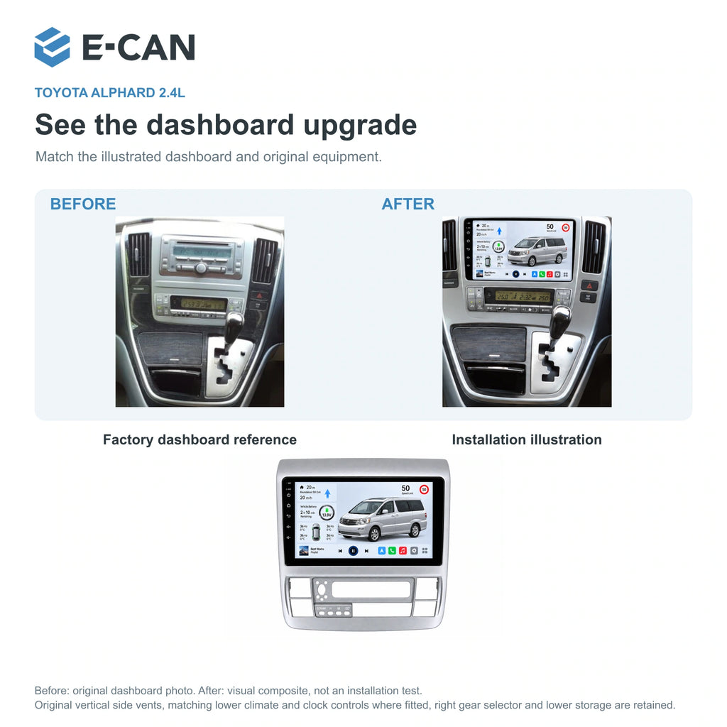 E-CAN Toyota alphard 9-inch · 2002–2007 matched fascia factory dashboard and installation illustration