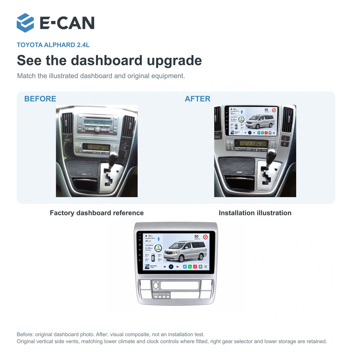 E-CAN Toyota alphard 9-inch · 2002–2007 matched fascia factory dashboard and installation illustration
