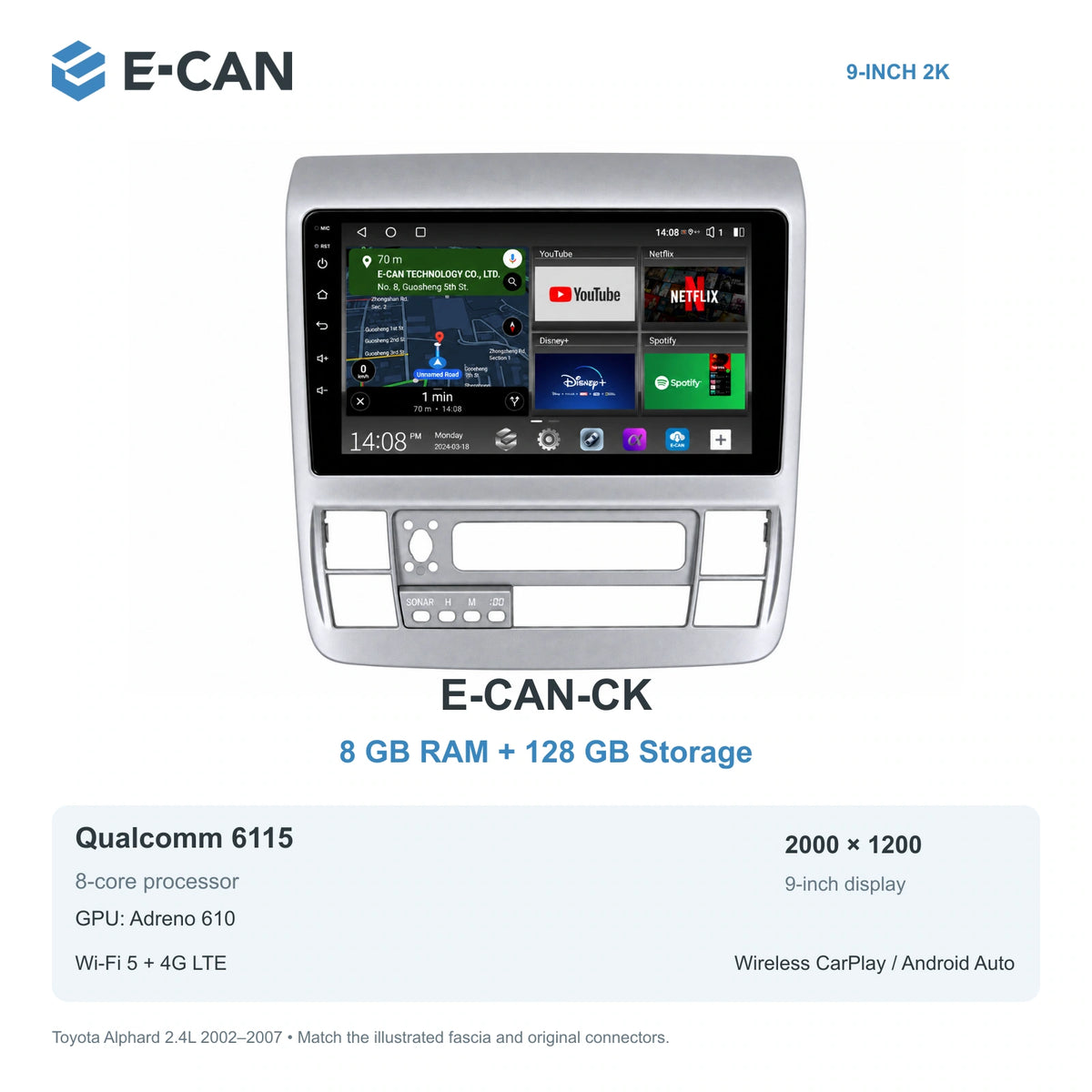 E-CAN Toyota alphard 9-inch · 2002–2007 matched fascia E-CAN-CK 8GB + 128GB