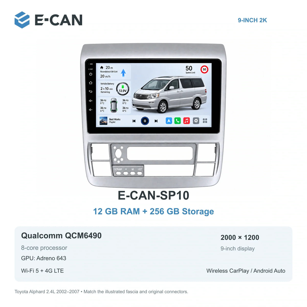 E-CAN Toyota alphard 9-inch · 2002–2007 matched fascia E-CAN-SP10 12GB + 256GB