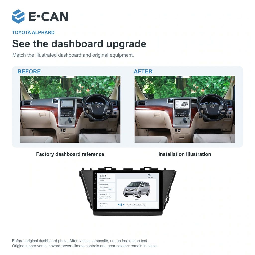E-CAN Toyota alphard Wide angled-wing fascia · 2012–2014 factory dashboard and installation illustration