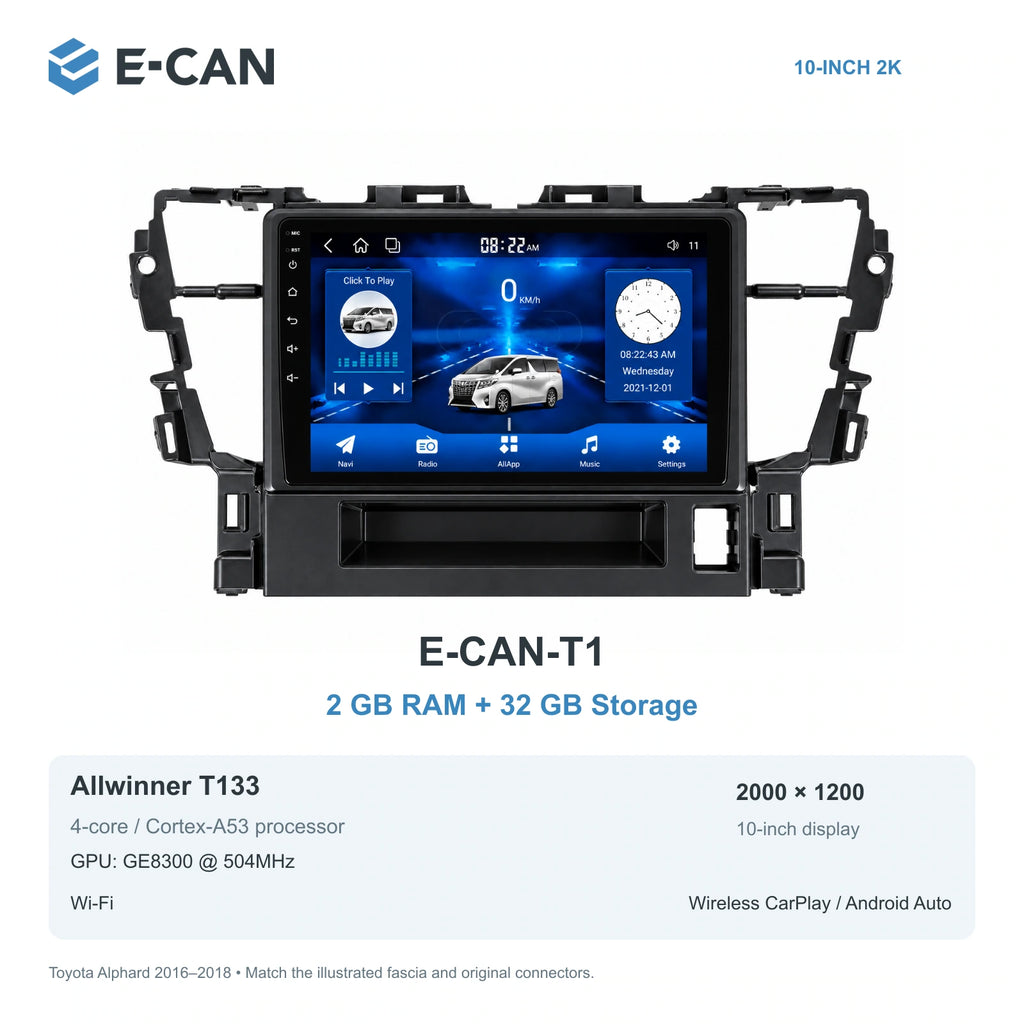 E-CAN Toyota alphard 10-inch · 2016–2018 matched fascia E-CAN-T1 2GB + 32GB