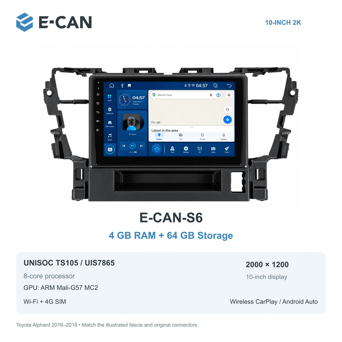 E-CAN Toyota alphard 10-inch · 2016–2018 matched fascia E-CAN-S6 4GB + 64GB