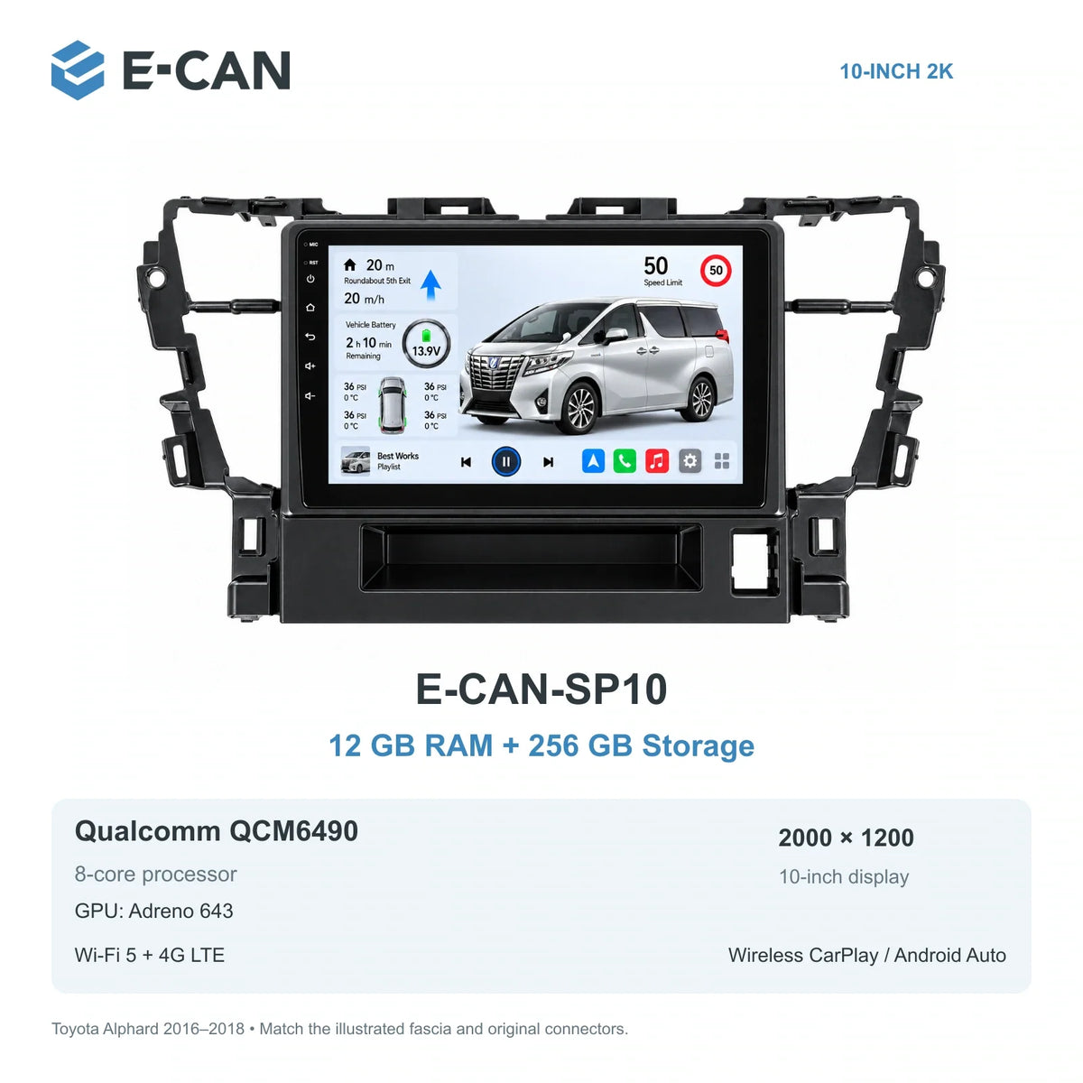E-CAN Toyota alphard 10-inch · 2016–2018 matched fascia E-CAN-SP10 12GB + 256GB