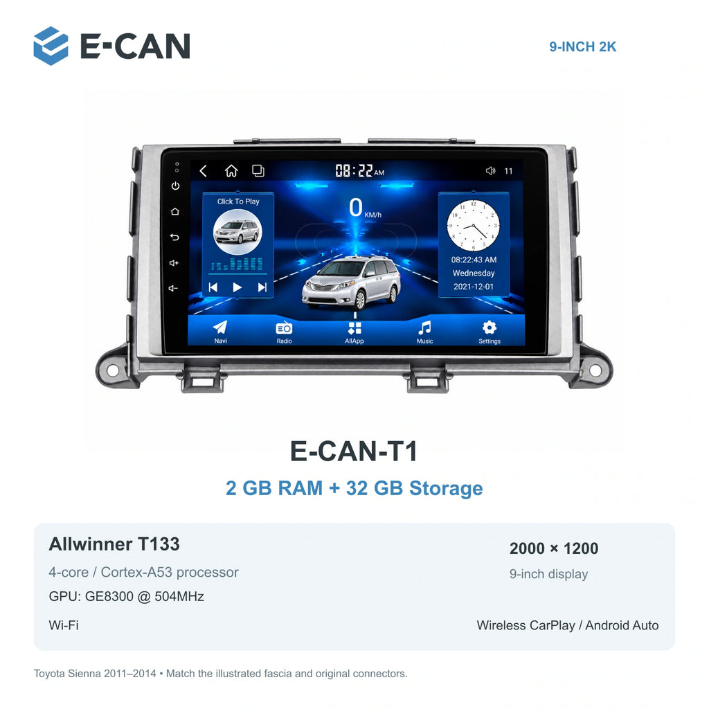 E-CAN Toyota sienna Early non-navigation fascia · 2011–2014 E-CAN-T1 2GB + 32GB