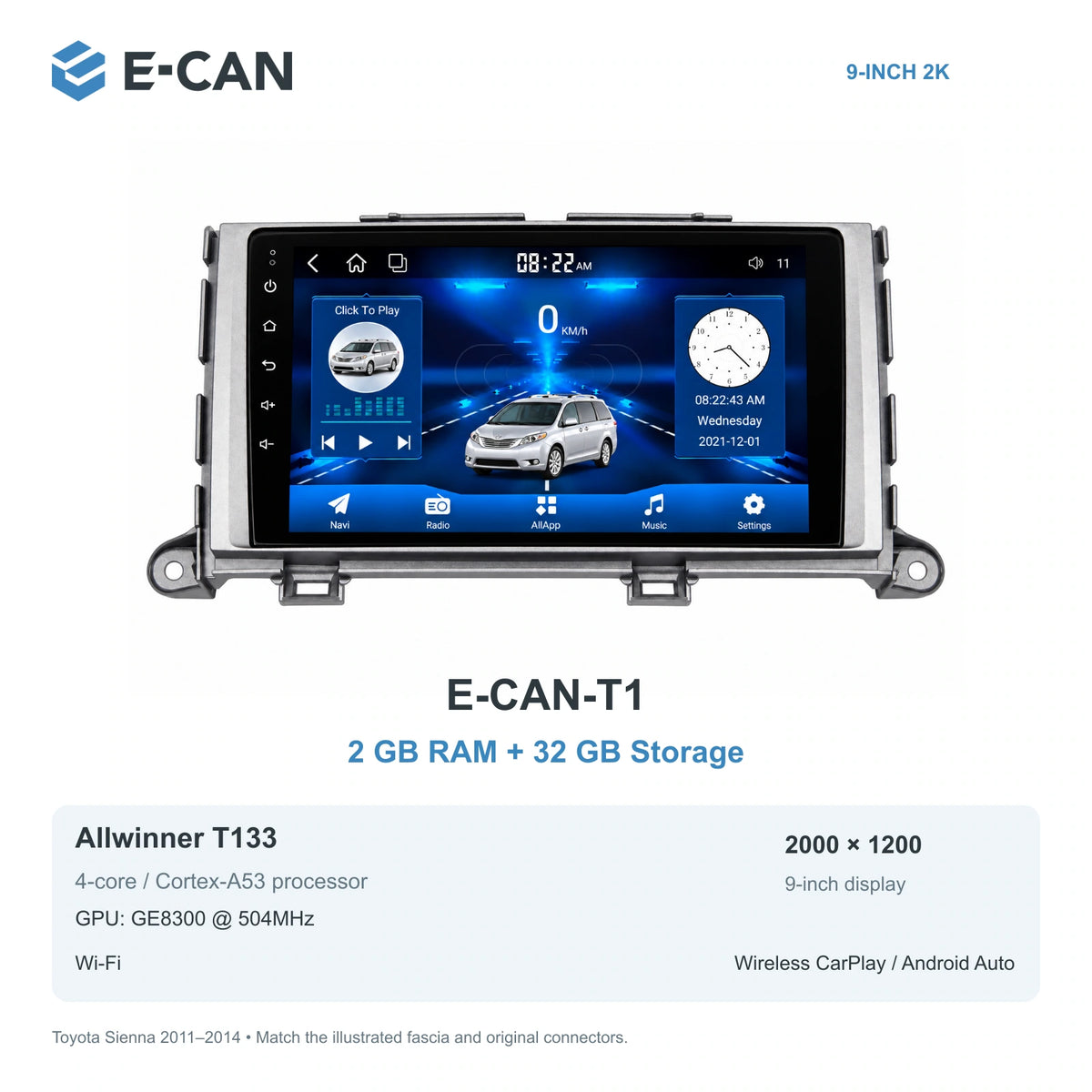 E-CAN Toyota sienna Early non-navigation fascia · 2011–2014 E-CAN-T1 2GB + 32GB
