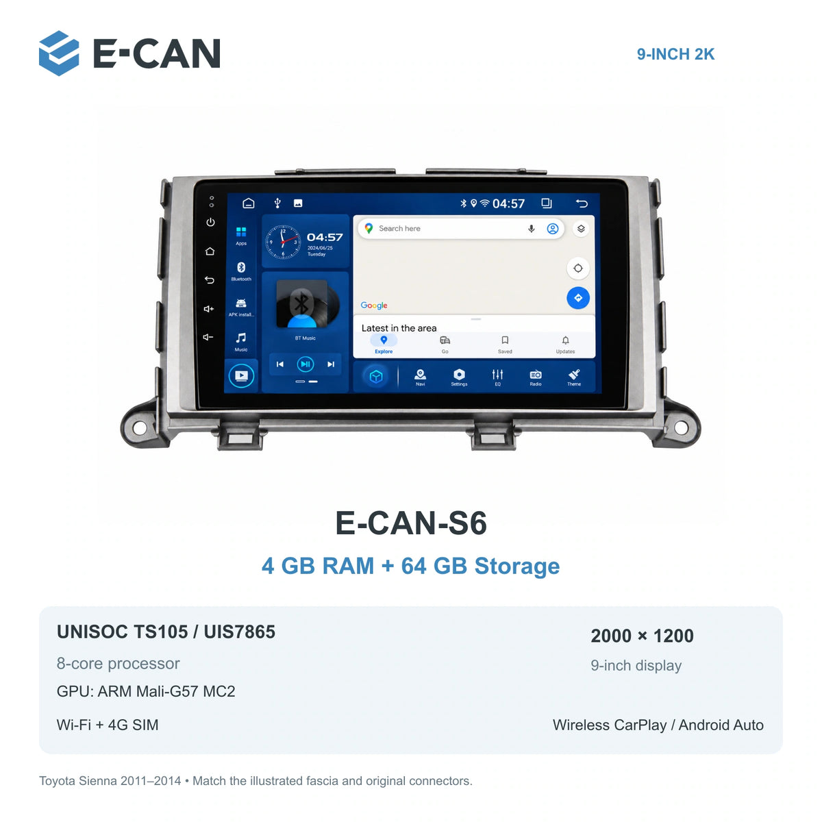 E-CAN Toyota sienna Early non-navigation fascia · 2011–2014 E-CAN-S6 4GB + 64GB