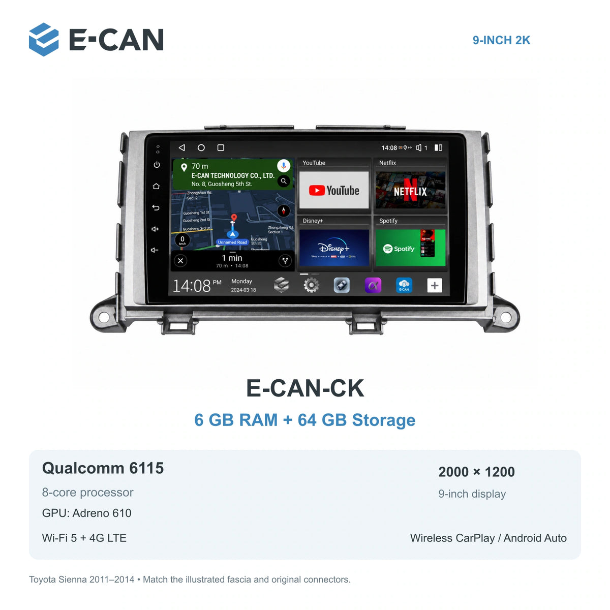 E-CAN Toyota sienna Early non-navigation fascia · 2011–2014 E-CAN-CK 6GB + 64GB