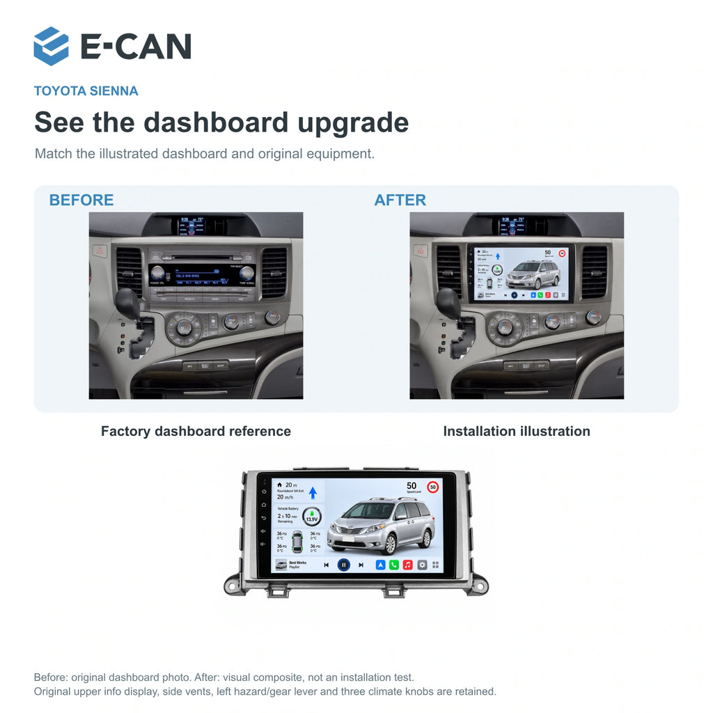 E-CAN Toyota sienna Early non-navigation fascia · 2011–2014 factory dashboard and installation illustration