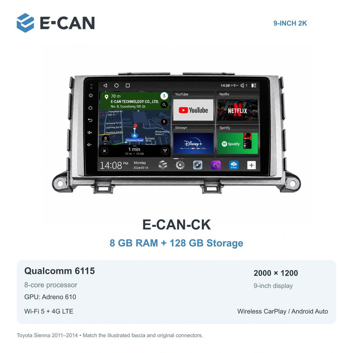 E-CAN Toyota sienna Early non-navigation fascia · 2011–2014 E-CAN-CK 8GB + 128GB