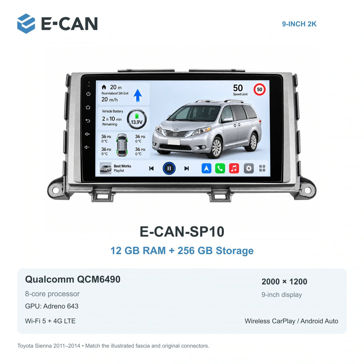E-CAN Toyota sienna Early non-navigation fascia · 2011–2014 E-CAN-SP10 12GB + 256GB