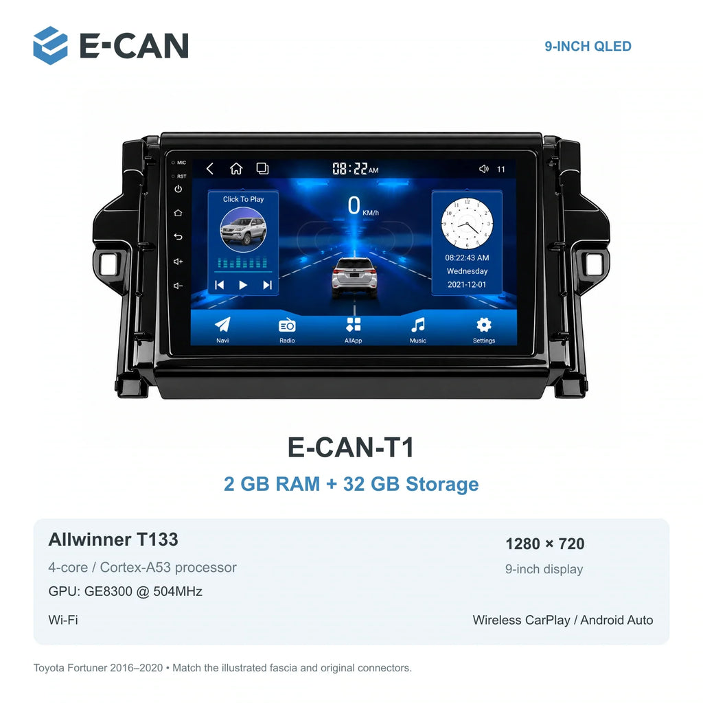 E-CAN Toyota fortuner 9-inch · 2016–2020 matched fascia E-CAN-T1 2GB + 32GB