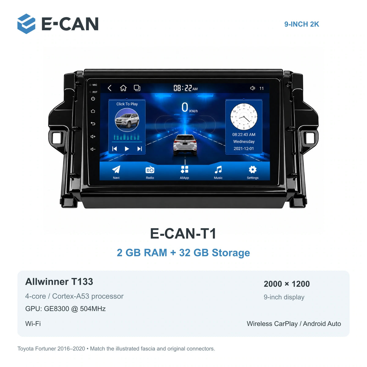 E-CAN Toyota fortuner 9-inch · 2016–2020 matched fascia E-CAN-T1 2GB + 32GB