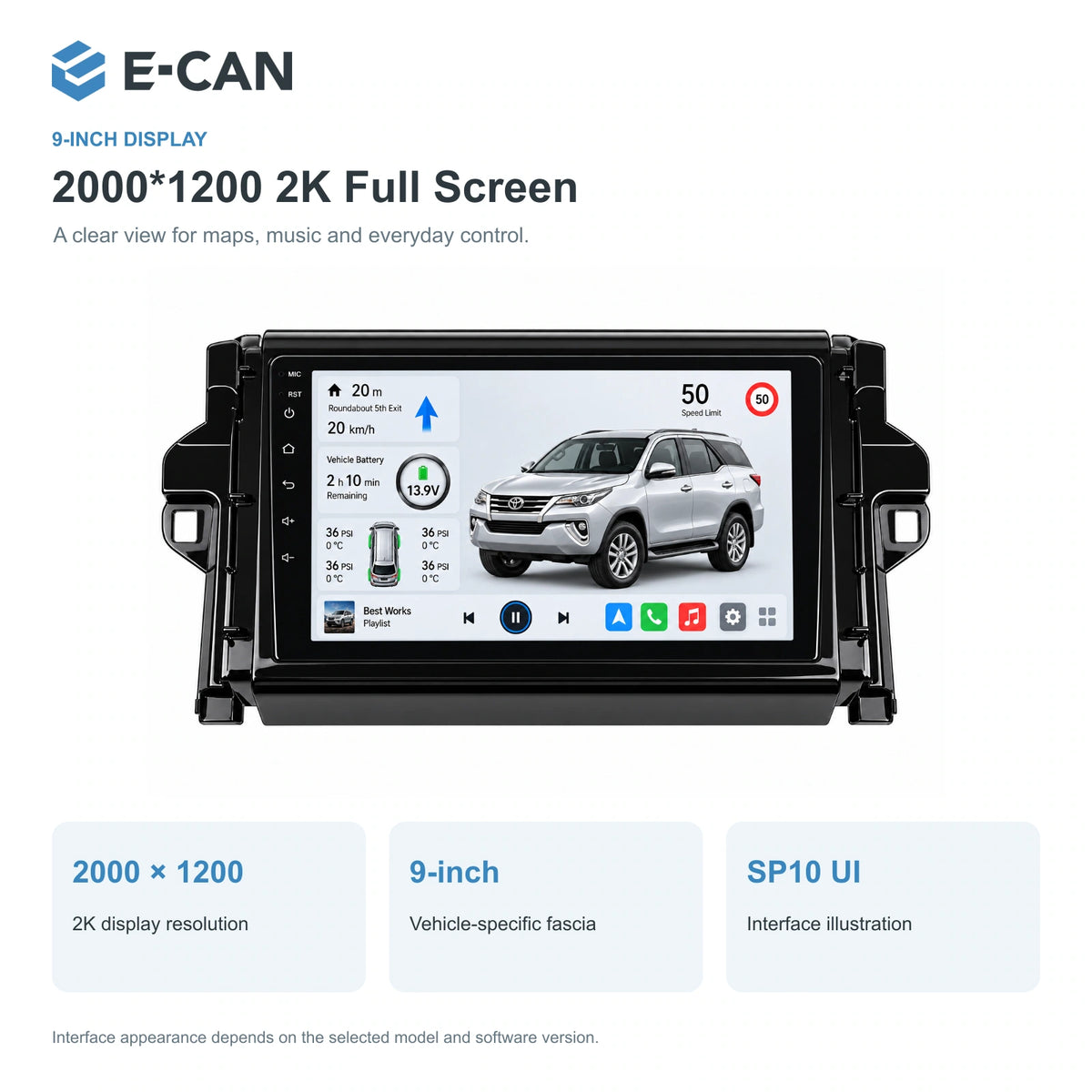 E-CAN Toyota fortuner 9-inch · 2016–2020 matched fascia feature
