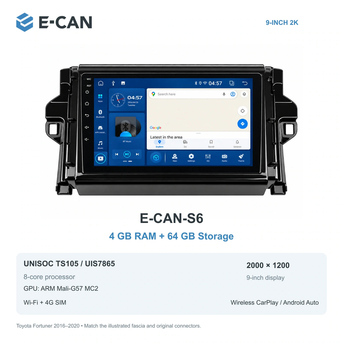E-CAN Toyota fortuner 9-inch · 2016–2020 matched fascia E-CAN-S6 4GB + 64GB