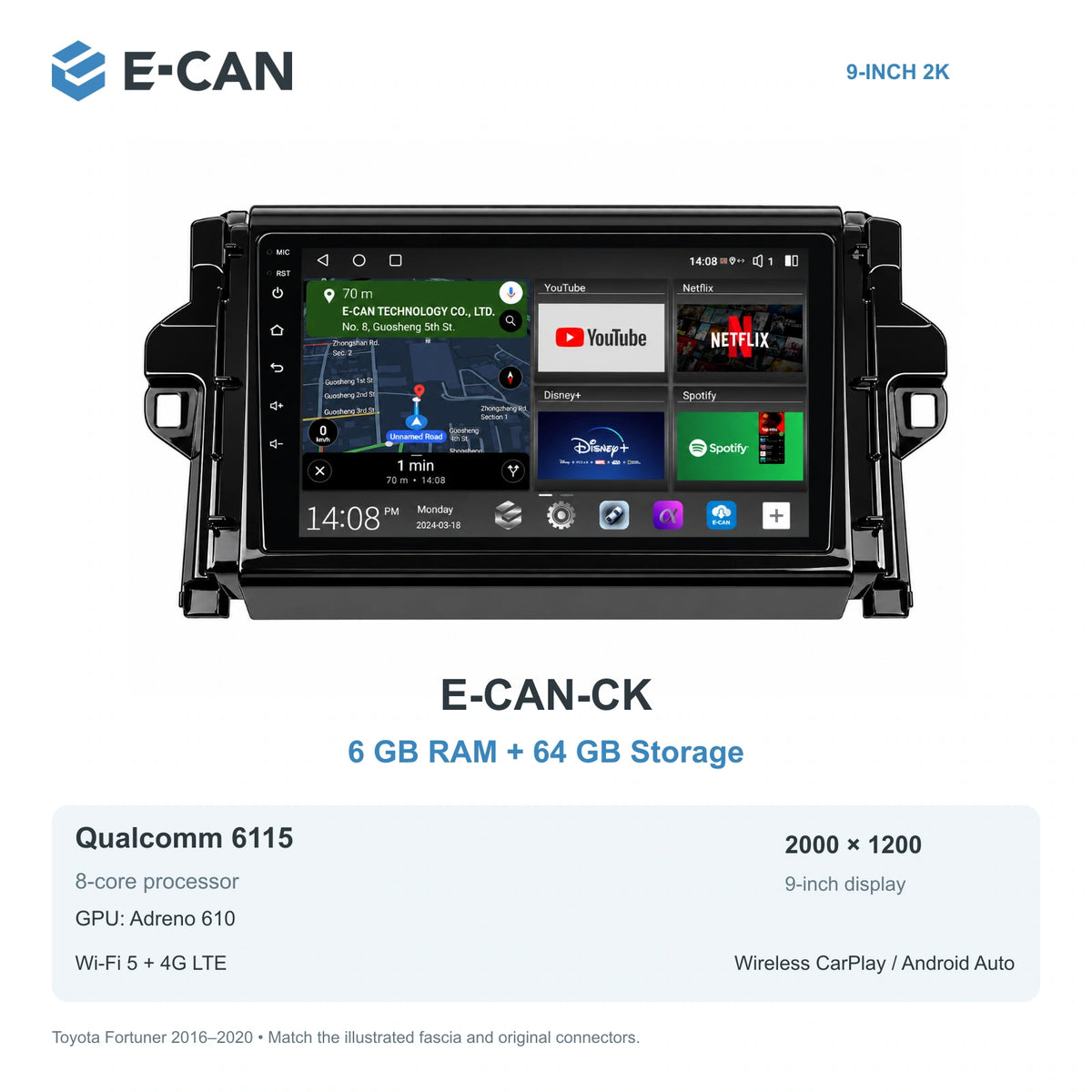 E-CAN Toyota fortuner 9-inch · 2016–2020 matched fascia E-CAN-CK 6GB + 64GB