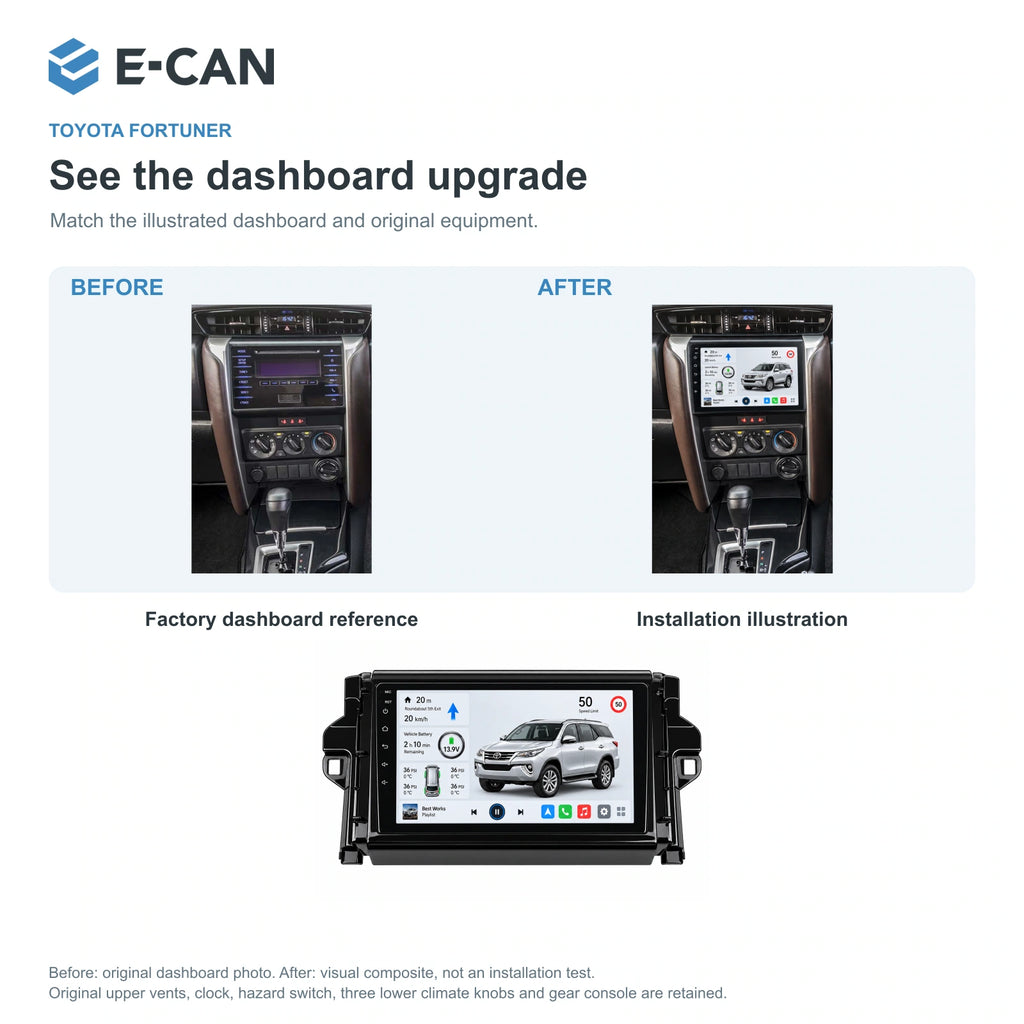 E-CAN Toyota fortuner 9-inch · 2016–2020 matched fascia factory dashboard and installation illustration