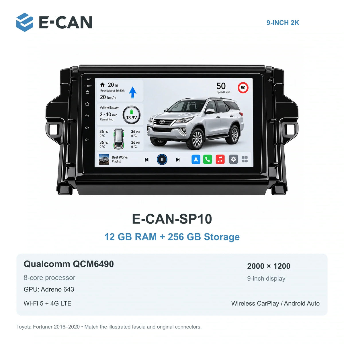 E-CAN Toyota fortuner 9-inch · 2016–2020 matched fascia E-CAN-SP10 12GB + 256GB
