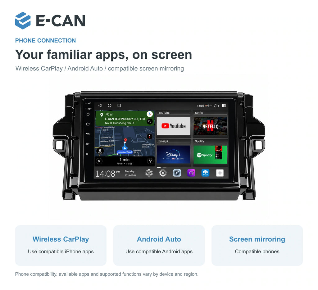 E-CAN Toyota fortuner 9-inch · 2016–2020 matched fascia feature