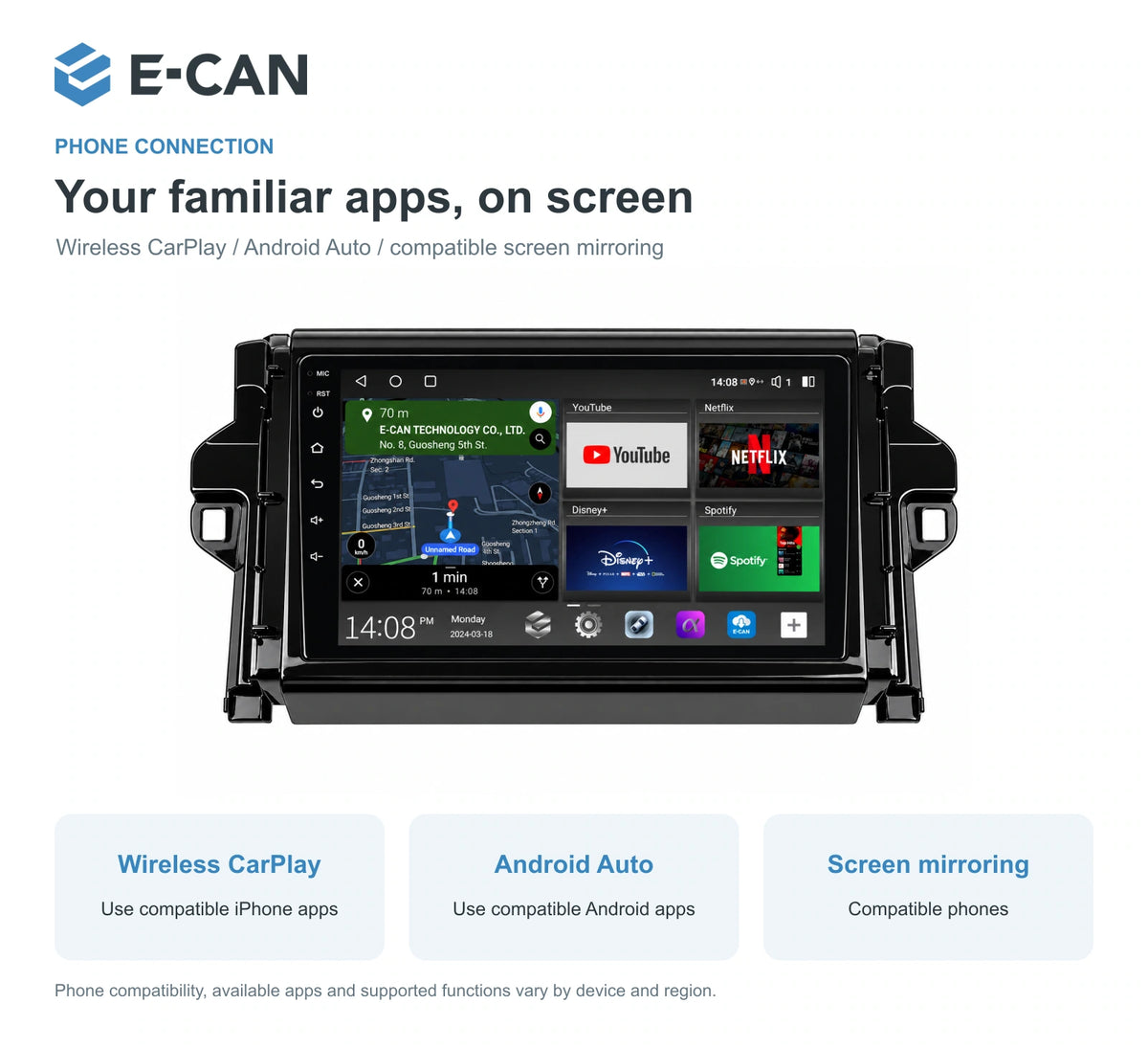 E-CAN Toyota fortuner 9-inch · 2016–2020 matched fascia feature
