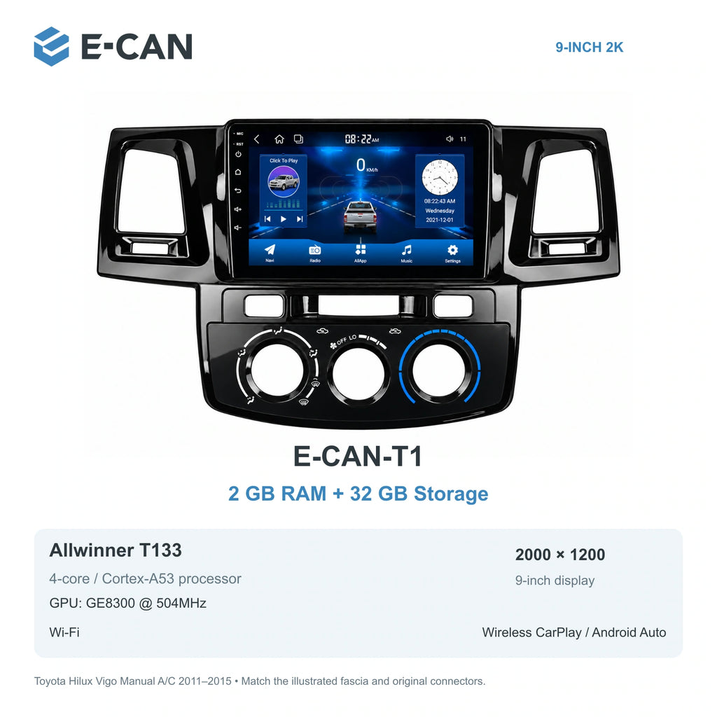 E-CAN Toyota hilux 9-inch · 2011–2015 matched fascia E-CAN-T1 2GB + 32GB