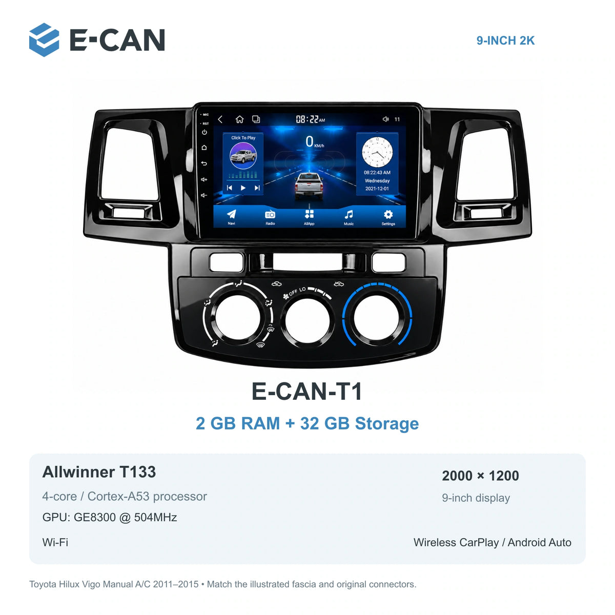 E-CAN Toyota hilux 9-inch · 2011–2015 matched fascia E-CAN-T1 2GB + 32GB