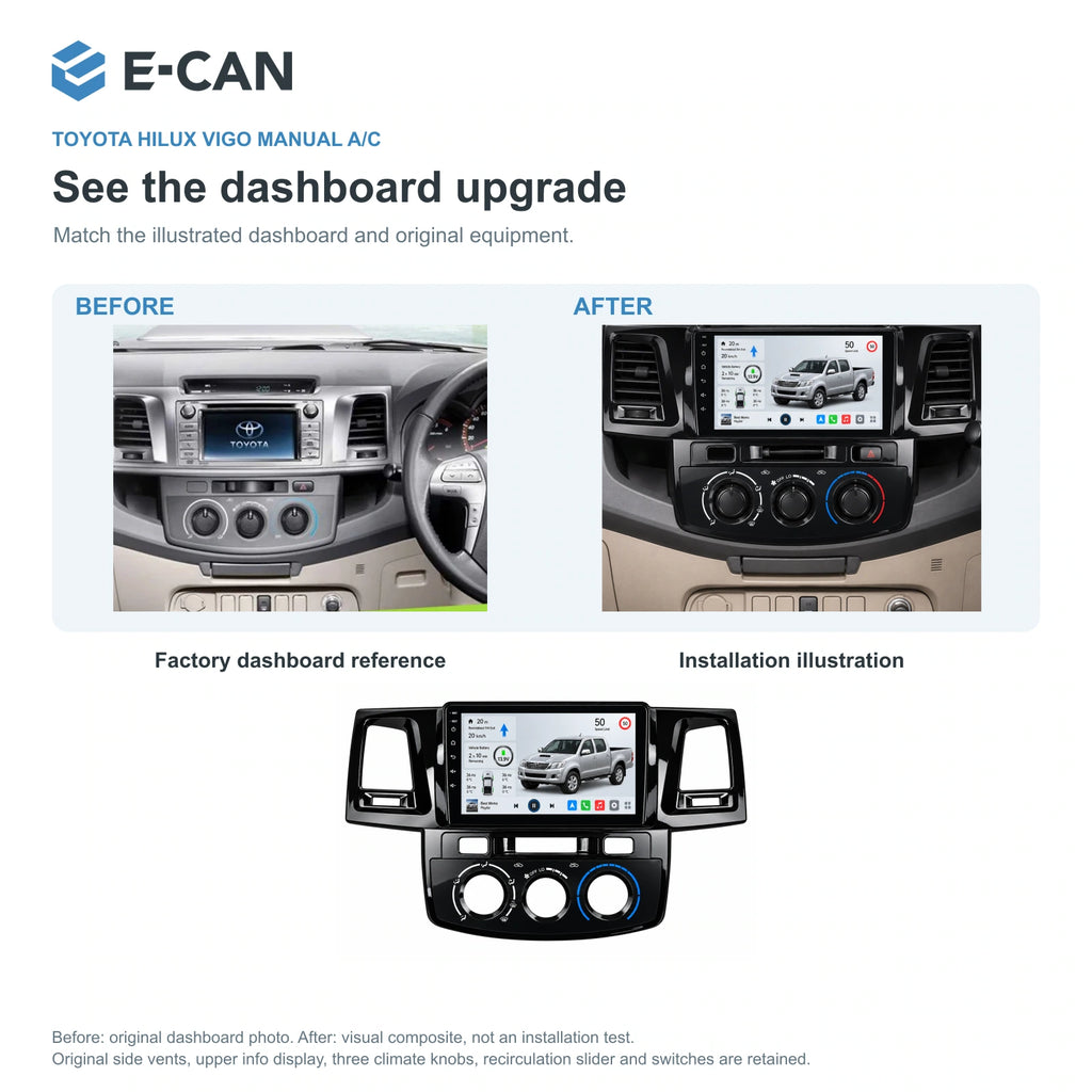 E-CAN Toyota hilux 9-inch · 2011–2015 matched fascia factory dashboard and installation illustration