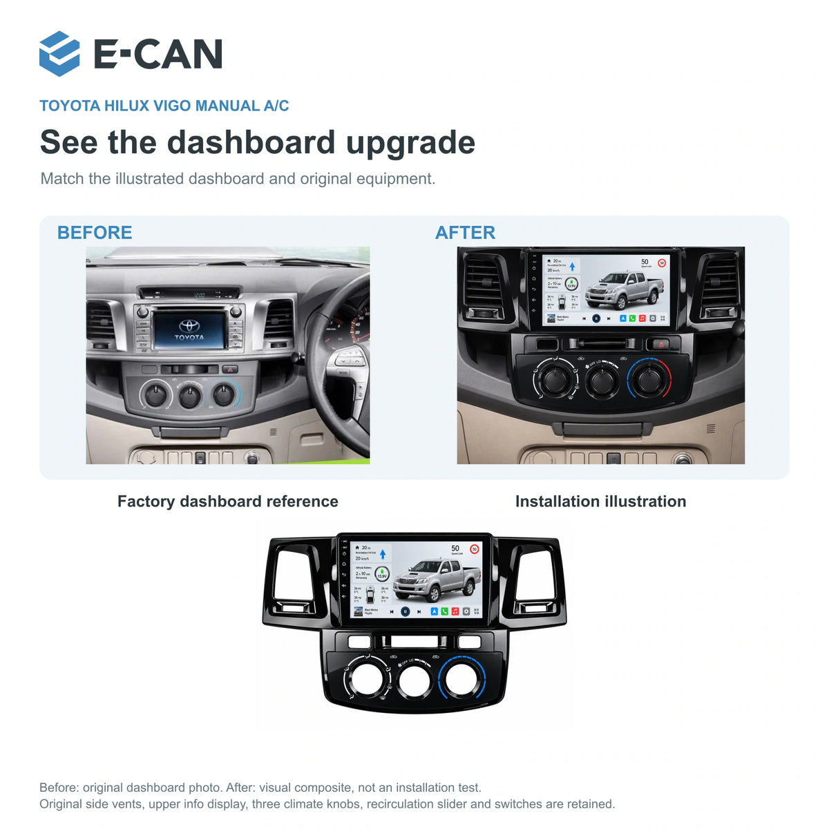 E-CAN Toyota hilux 9-inch · 2011–2015 matched fascia factory dashboard and installation illustration