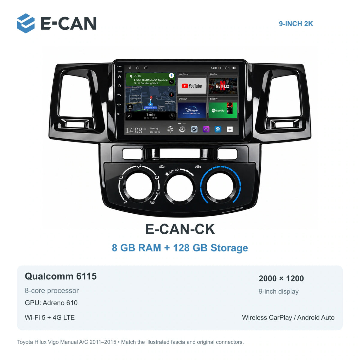 E-CAN Toyota hilux 9-inch · 2011–2015 matched fascia E-CAN-CK 8GB + 128GB