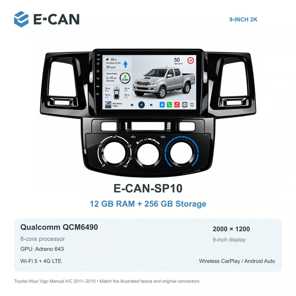 E-CAN Toyota hilux 9-inch · 2011–2015 matched fascia E-CAN-SP10 12GB + 256GB