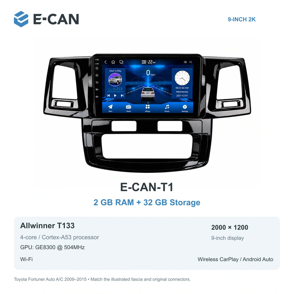 E-CAN Toyota fortuner 9-inch · 2009–2015 matched fascia E-CAN-T1 2GB + 32GB